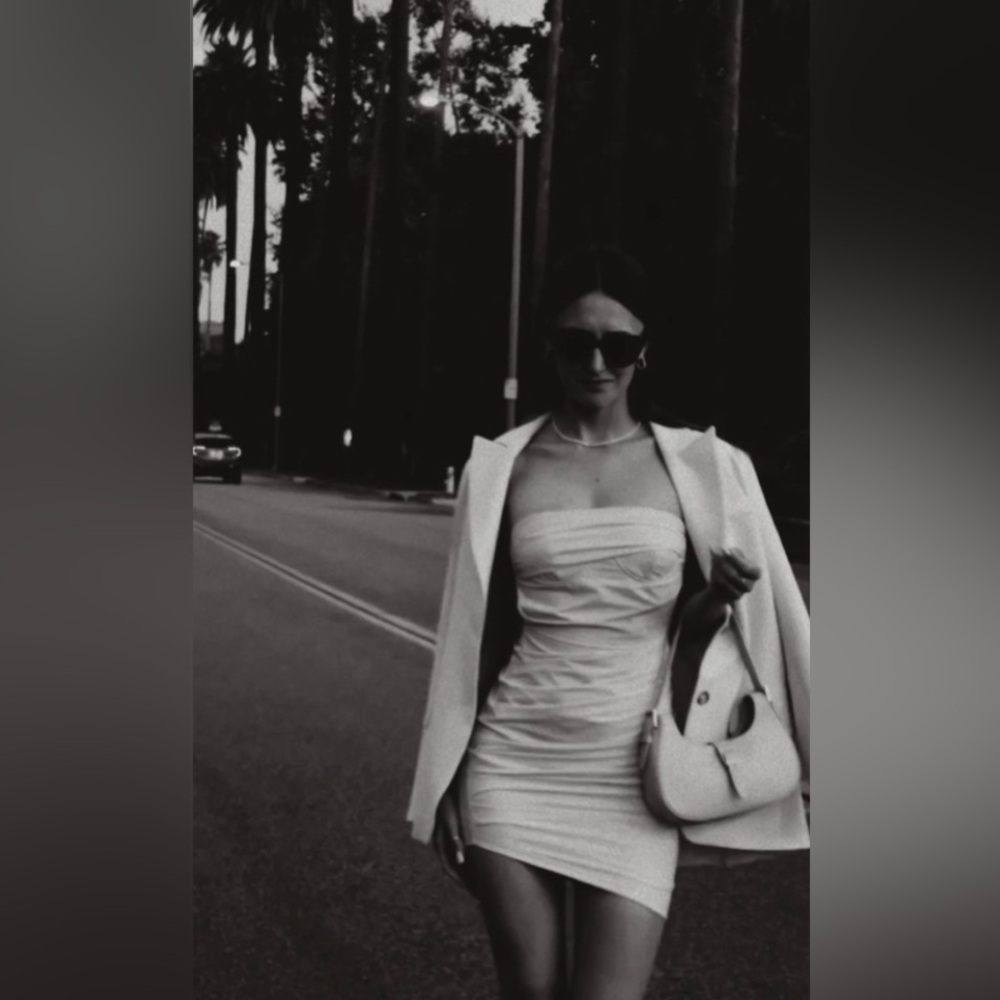 Cream Asymmetrical Bustier Strapless Mini Dress with open back